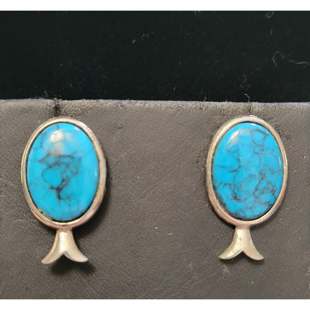 Vintage Faux Turquoise Blue Squash Blossom Southwest Silverā Tone Earrings 1"